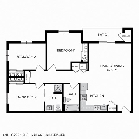 Floor plan for 3 beds, 2 baths, 1313 sqft
